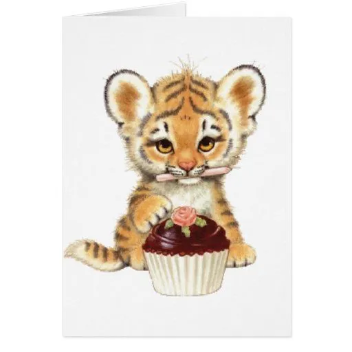 Feliz cumpleaños - tigre lindo con la magdalena tarjetón de Zazzle.