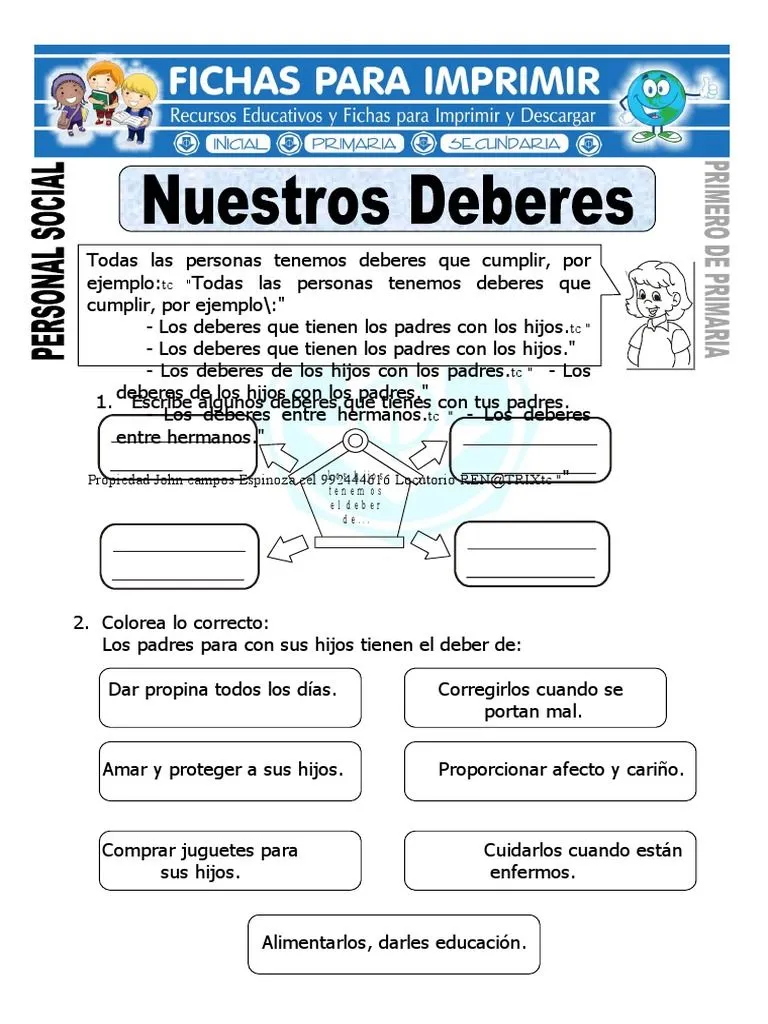 Ficha de Nuestros Deberes para Primero de Primaria | PDF