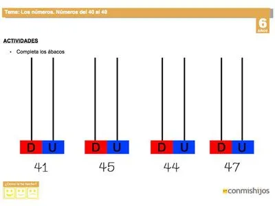 Ficha de matemáticas para repasar los números del 40 al 49