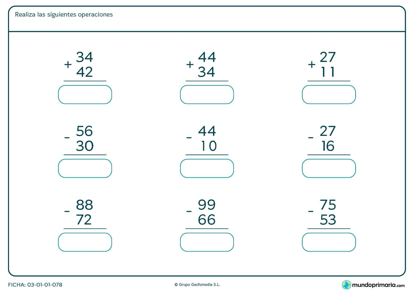 Ficha de sumas y restas de 2 cifras para primaria