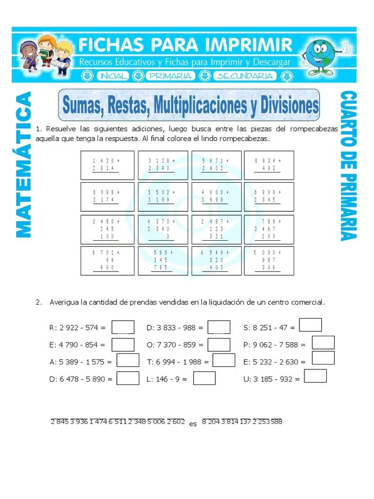 Ficha Sumas Restas Multiplicaciones y Divisiones para Cuarto de Primaria |  PDF | Naturaleza