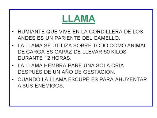 FICHAS DE ANIMALES PARA NIÑOS: LA LLAMA