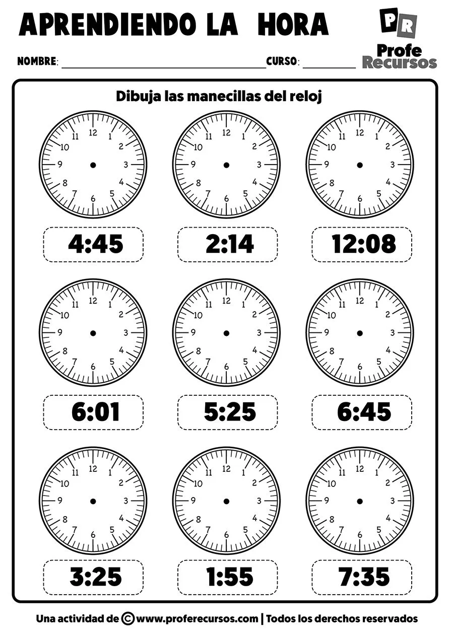 Fichas para Aprender La Hora | Relojes Analógicos con Manecillas