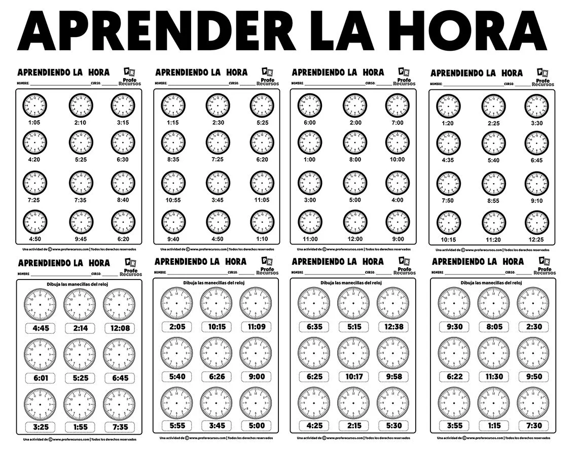 Fichas para Aprender La Hora | Relojes Analógicos con Manecillas