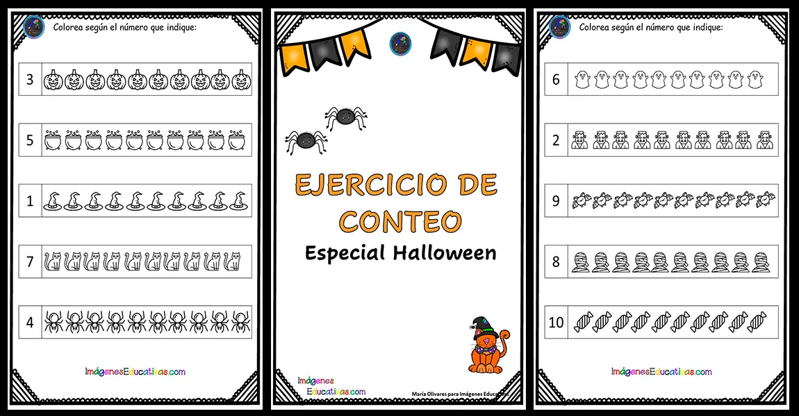 Fichas de conteo de Halloween: Colorea – Imagenes Educativas