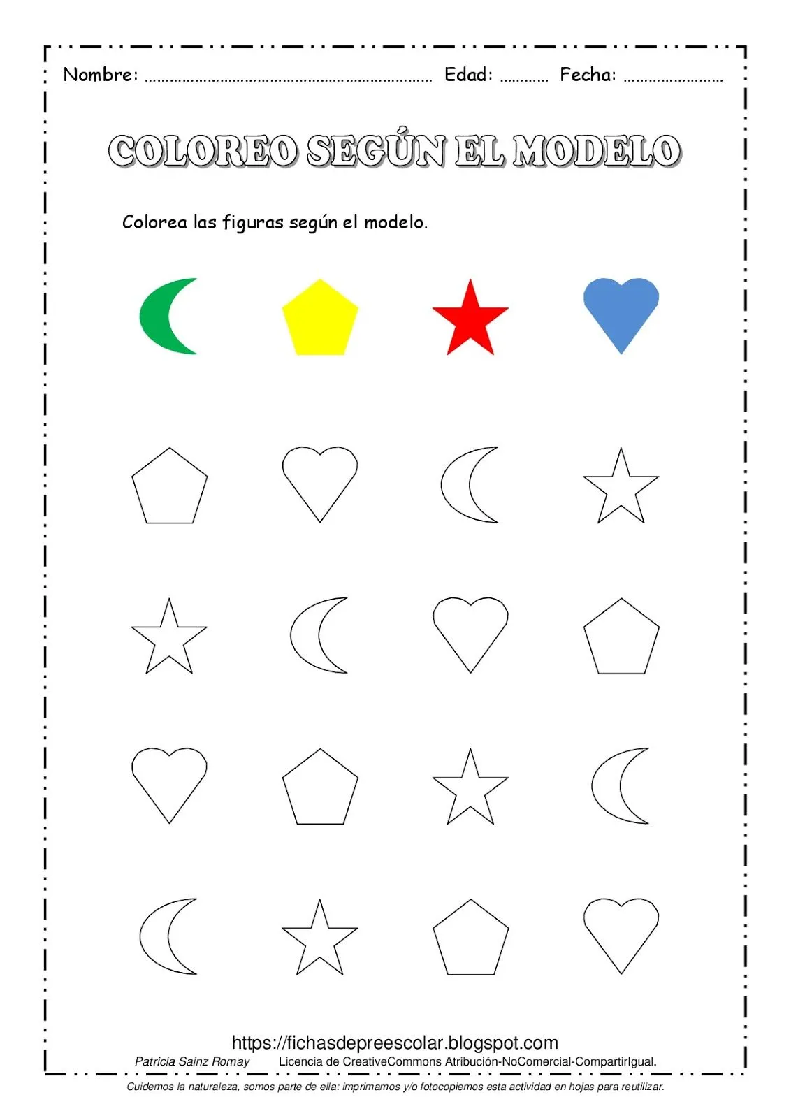 FICHAS DE EDUCACIÓN PREESCOLAR: COLOREAR FIGURAS SEGÚN EL MODELO