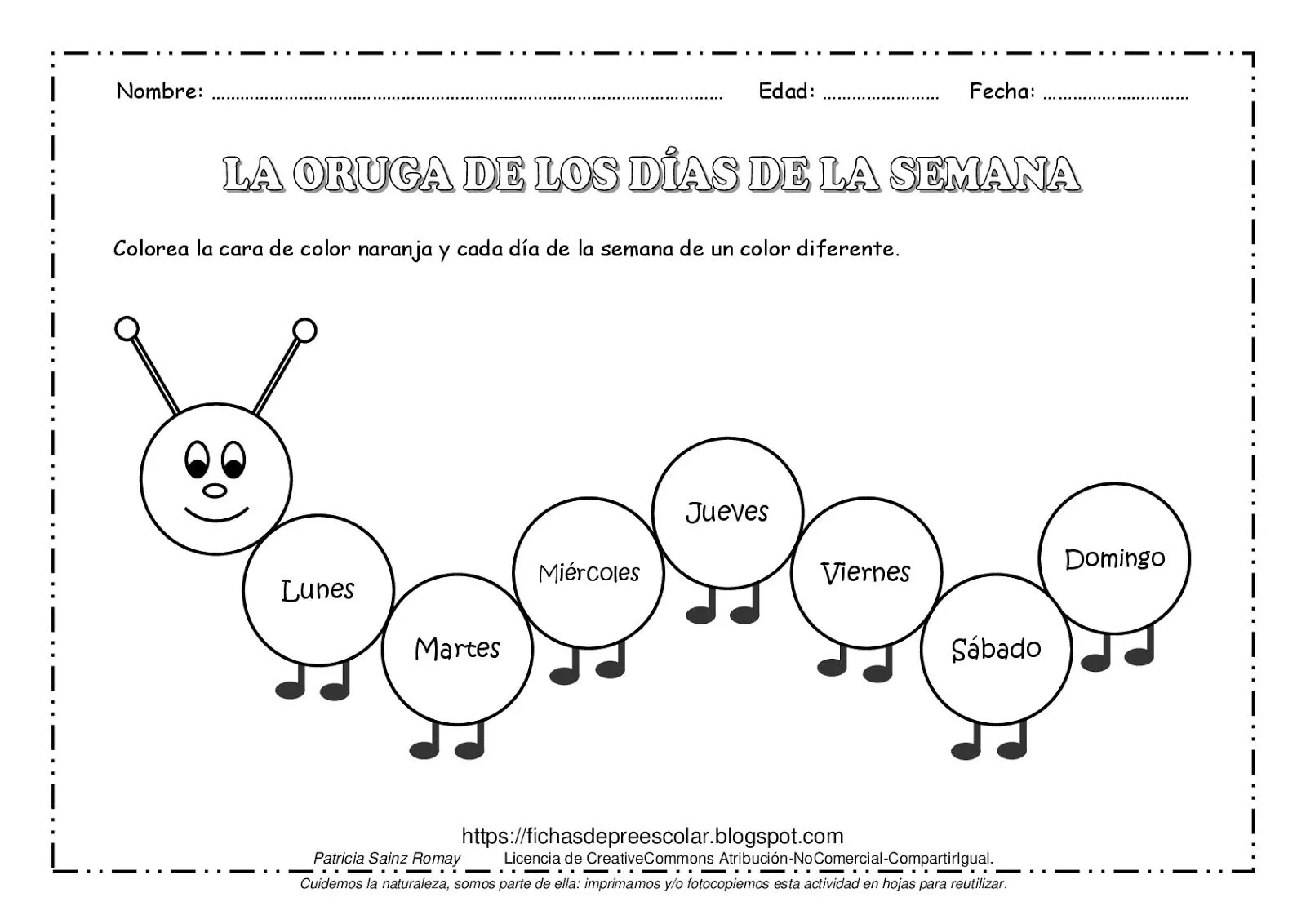 FICHAS DE EDUCACIÓN PREESCOLAR: LA ORUGA DE LOS DÍAS DE LA SEMANA PARA  COLOREAR