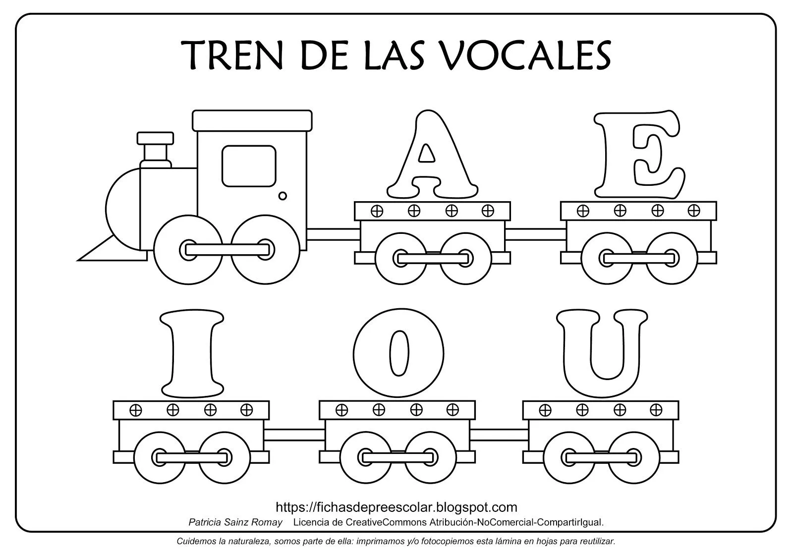 FICHAS DE EDUCACIÓN PREESCOLAR: TREN DE LAS VOCALES PARA COLOREAR