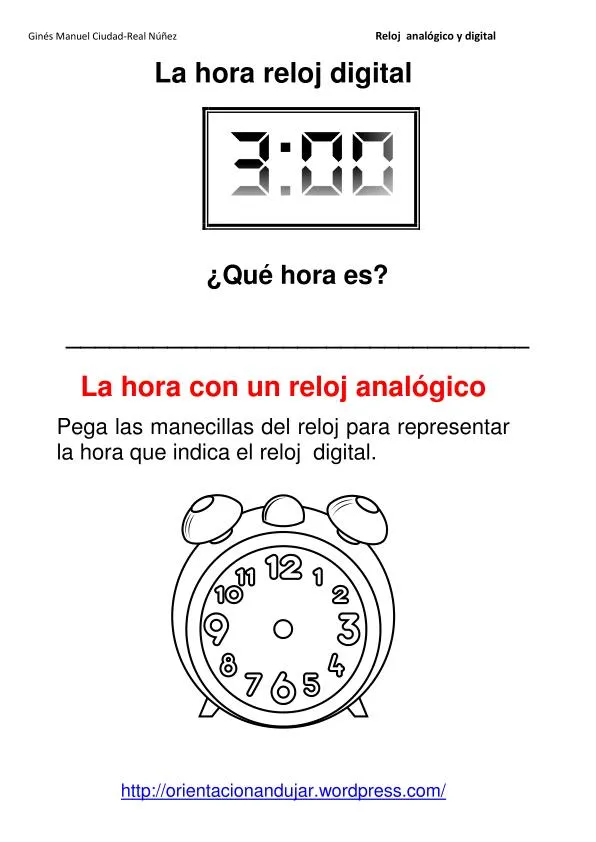 Fichas para trabajar las horas. Digital y analógico -Orientacion ...