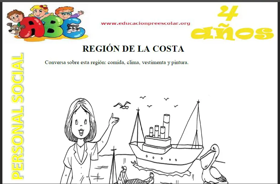 Fichas de La Región de la Costa Para Niños de 4 Años — Educación Preescolar