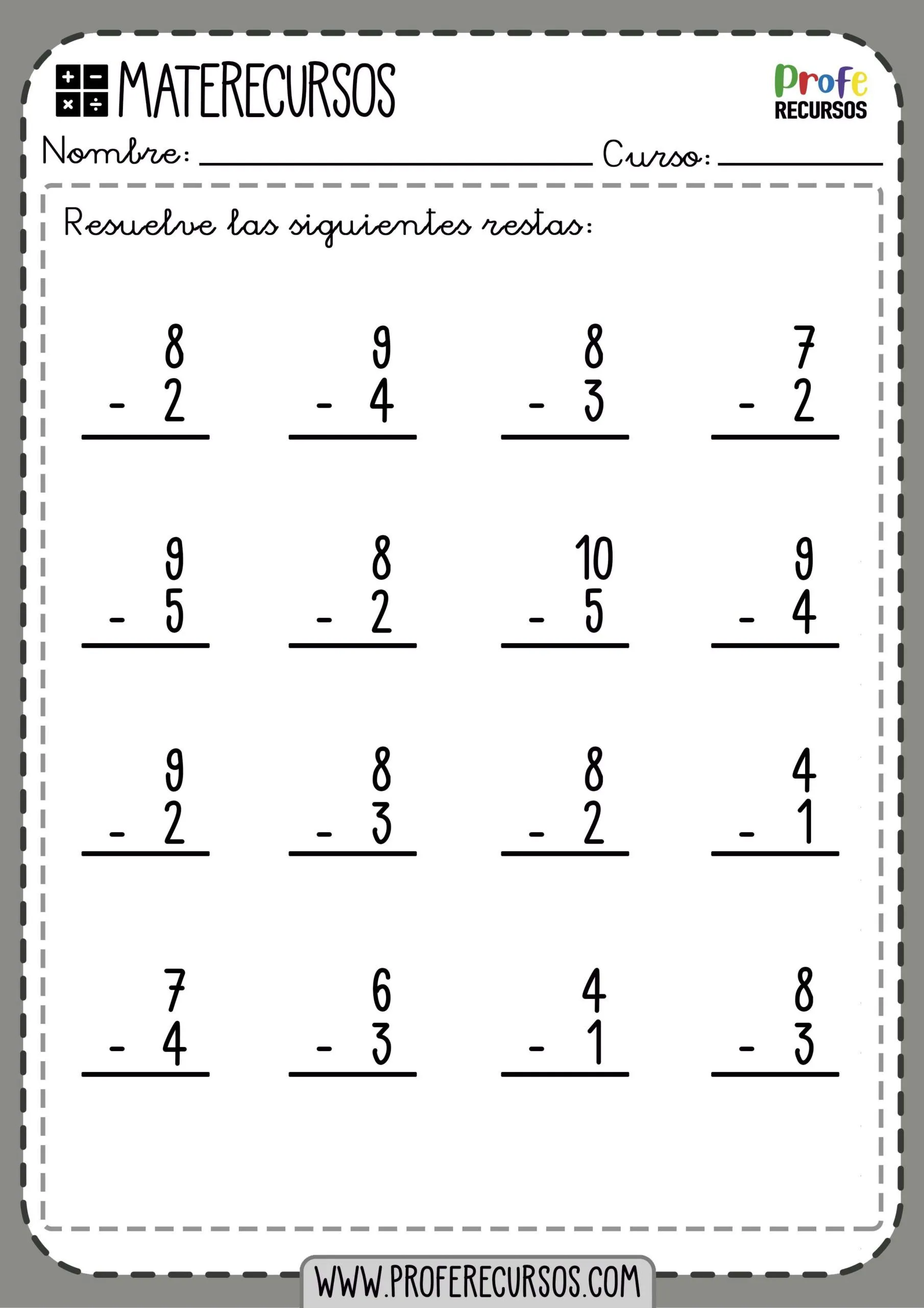 Fichas de Restas de 1 Dígito | Fichas de Matemáticas