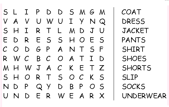 Sopa de letras de ropa en inglés - Imagui