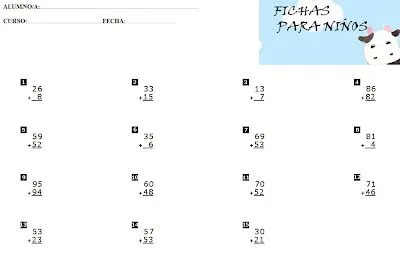 FICHAS DE SUMAS DE 2 CIFRAS PARA IMPRIMIR CON RESULTADOS. : FICHAS ...