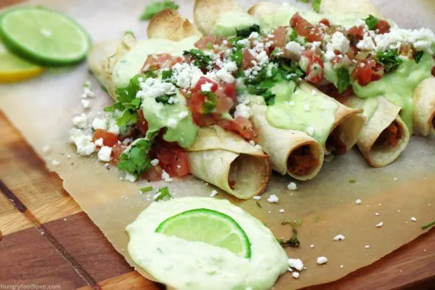 Flautas with Cilantro-Lime Avocado Cream Sauce