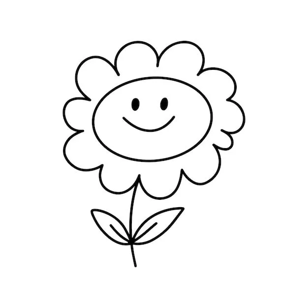 Flor de manzanilla con pétalos en un tallo con hojas con ojos y una sonrisa para  colorear dibujos animados lineales | Vector Premium