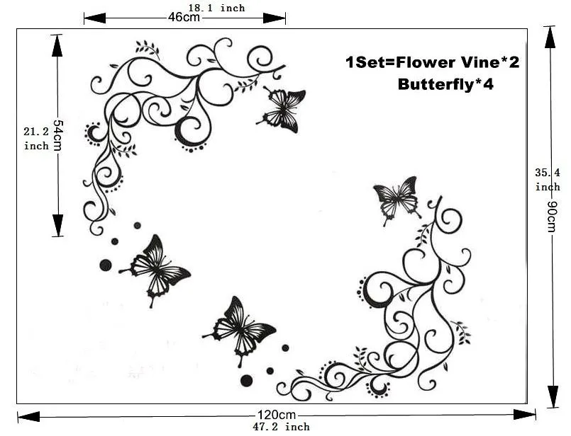 Flor y mariposa de la pared del vinilo Sticker Decal 35''X47 ...