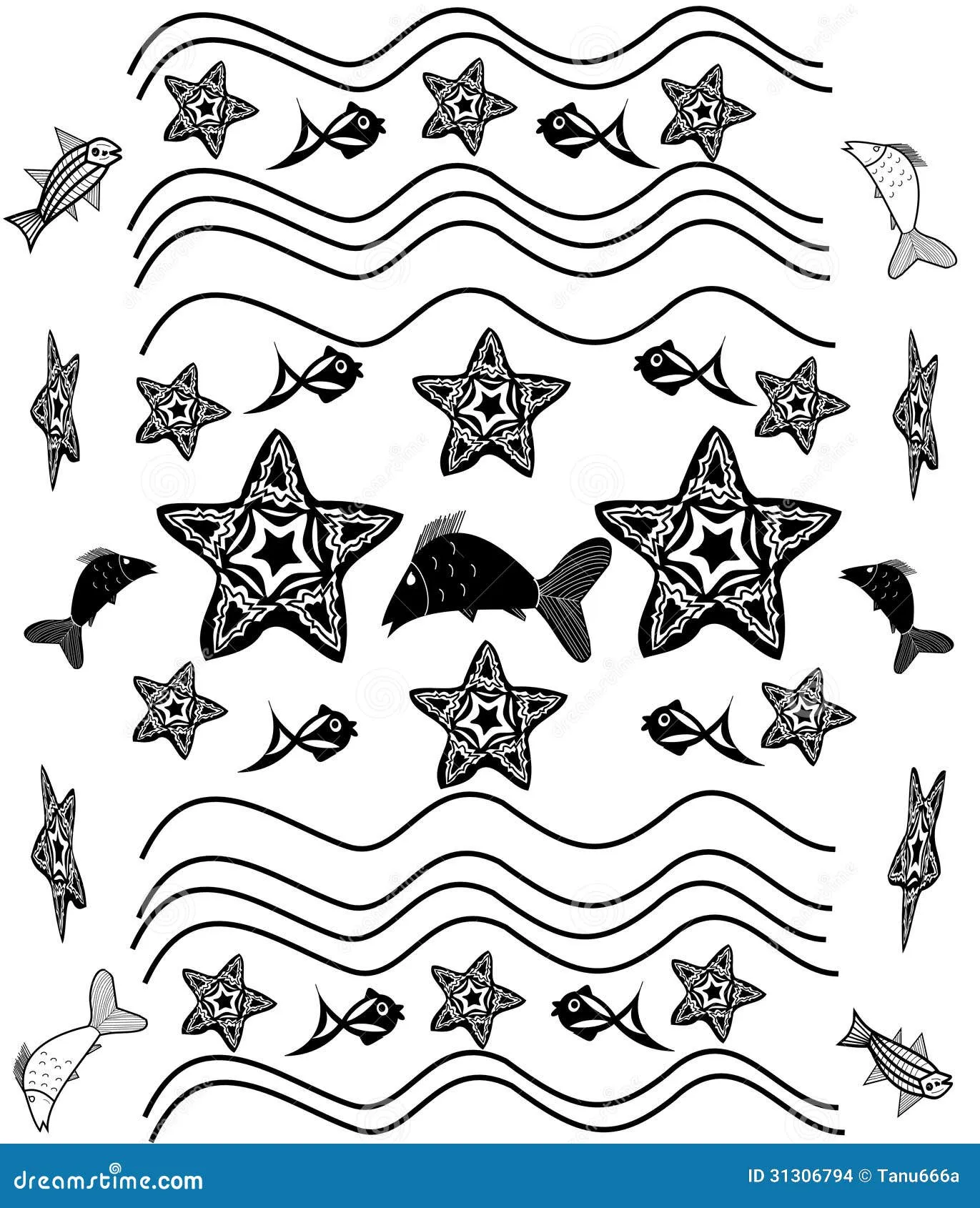 Fondo Blanco Y Negro Con Las Estrellas De Mar, Ondas, Pescados ...