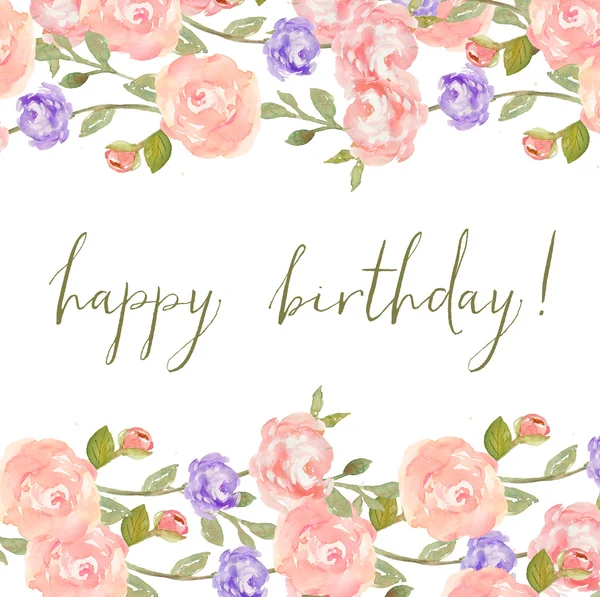 Fondo de flores acuarela con caligrafía de feliz cumpleaños — Foto ...