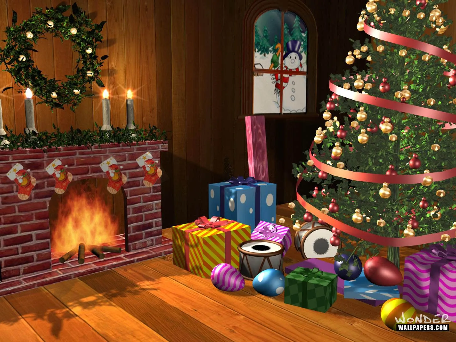 Fondo de navidad en el hogar con la chimenea y regalos, Feliz Navidad ...