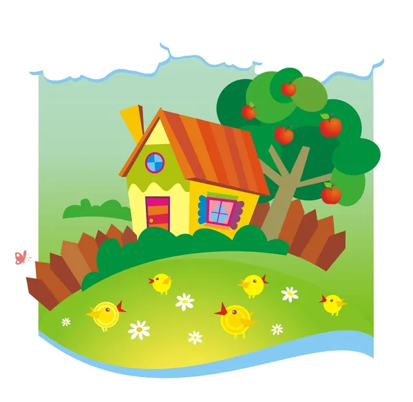 Fondo de verano con casita y pollos — Vector stock © aml-rada #3578108