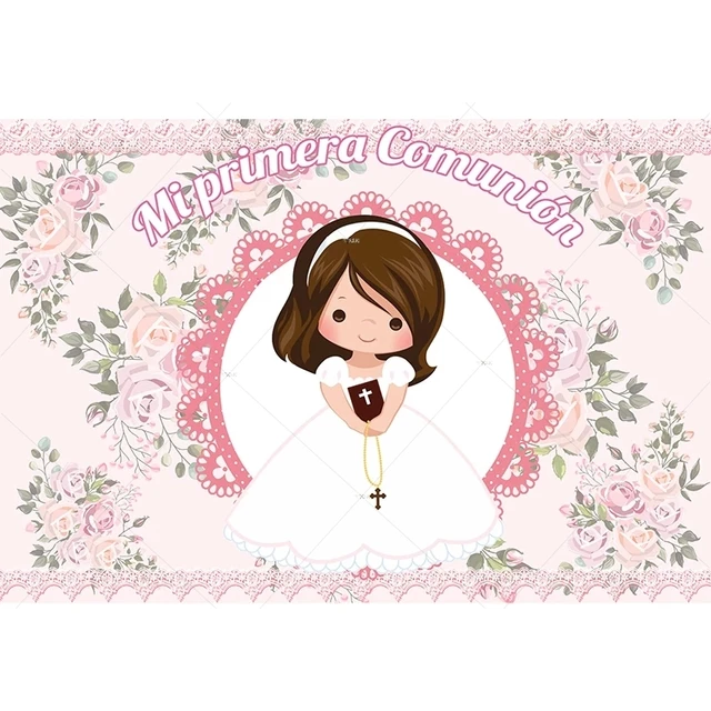 Fondo de vinilo personalizado para decoración de Mi primera comunión, telón de  fondo para foto de niña, bautismo, flor rosa, decoración de encaje, Mi  Bautizo, Baby Shower - AliExpress