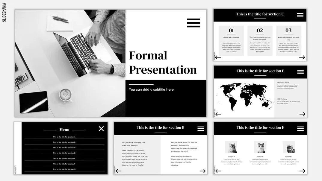 Formal presentation template with interactive menu. - SlidesMania