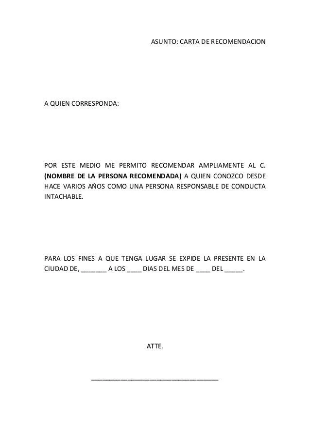 Formato de carta de recomendacion