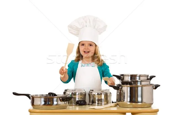 Foto stock - nina · chef · cocina · alimentos · mesa · diversión ...