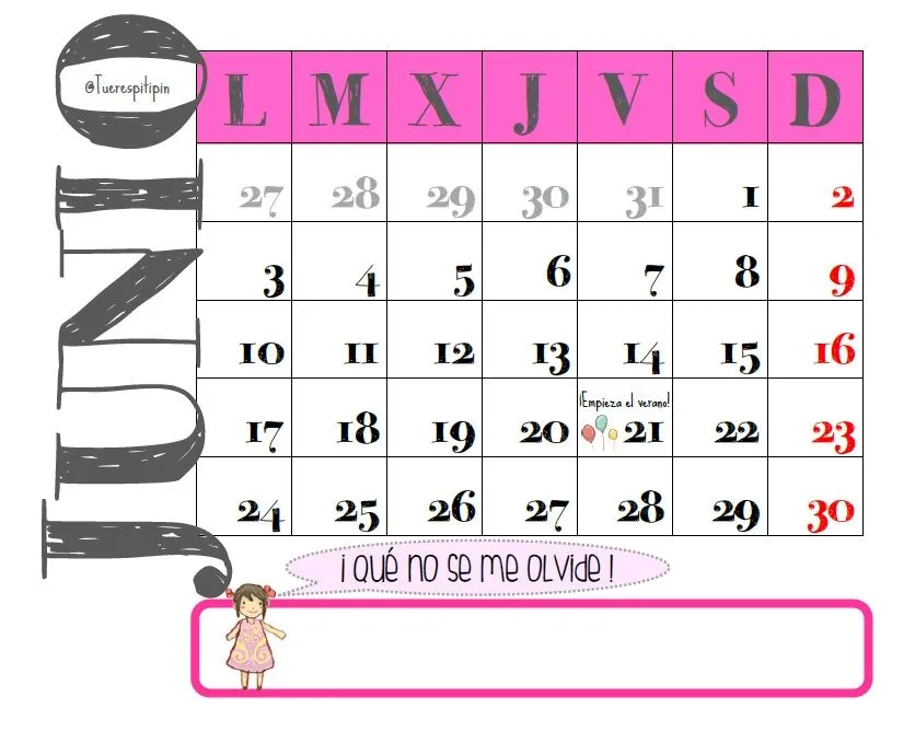 Free june calendar/ Calendario de junio gratis