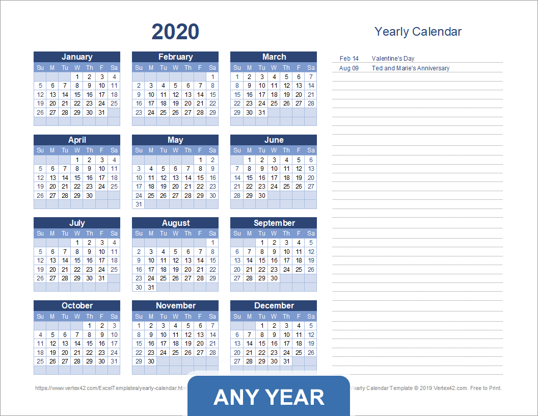 Yearly Calendar Template for 2014