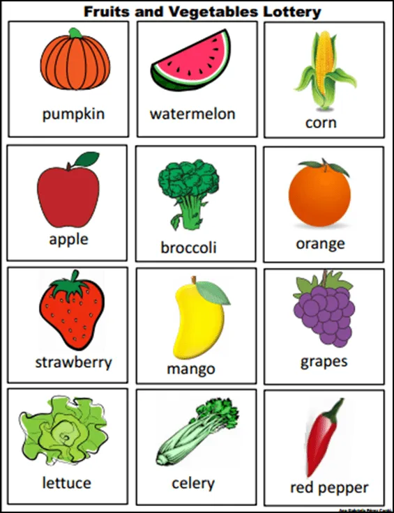 Fruits and vegetables lottery ~ Lotería de frutas y verduras en inglés |  Verduras en ingles, Loteria en ingles, Ingles para preescolar