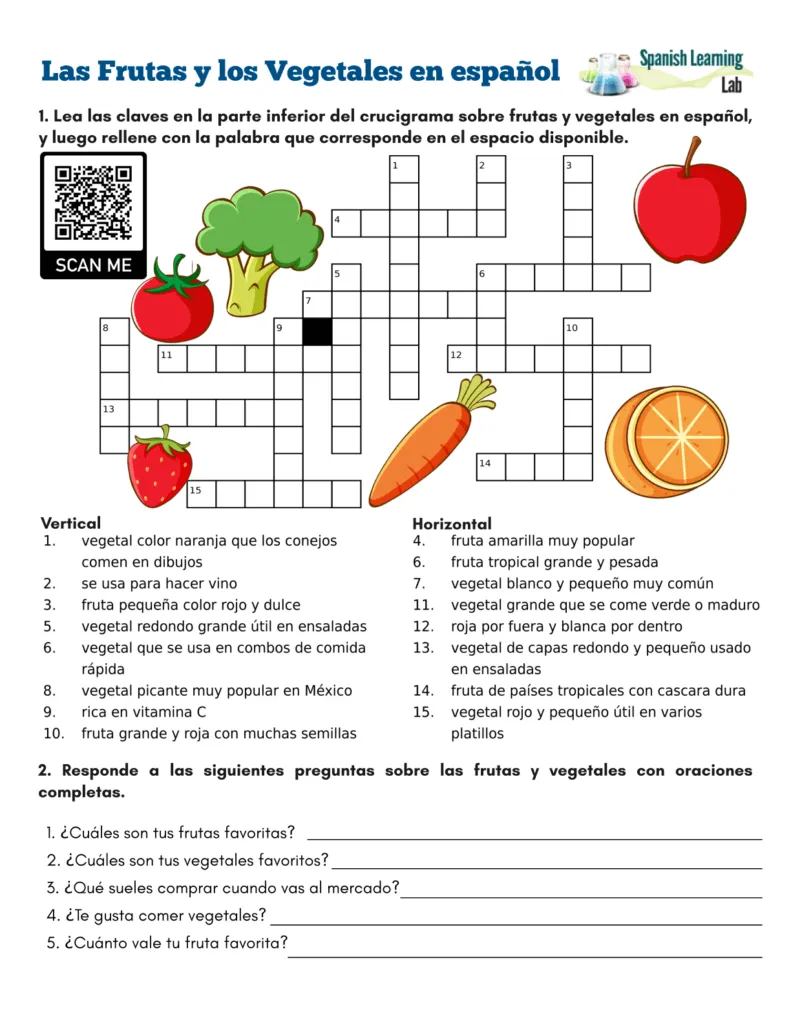 Las frutas y los vegetales en español - Crucigrama PDF - Spanish Learning  Lab