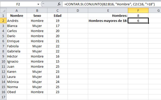 La función CONTAR.SI.CONJUNTO en Excel