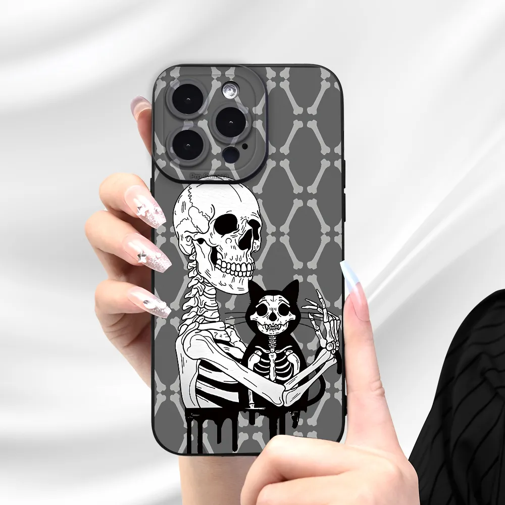 Funda De Teléfono Suave Con Impresión Uv De Calavera Sosteniendo Un Gato  Esqueleto, Protección Completa De