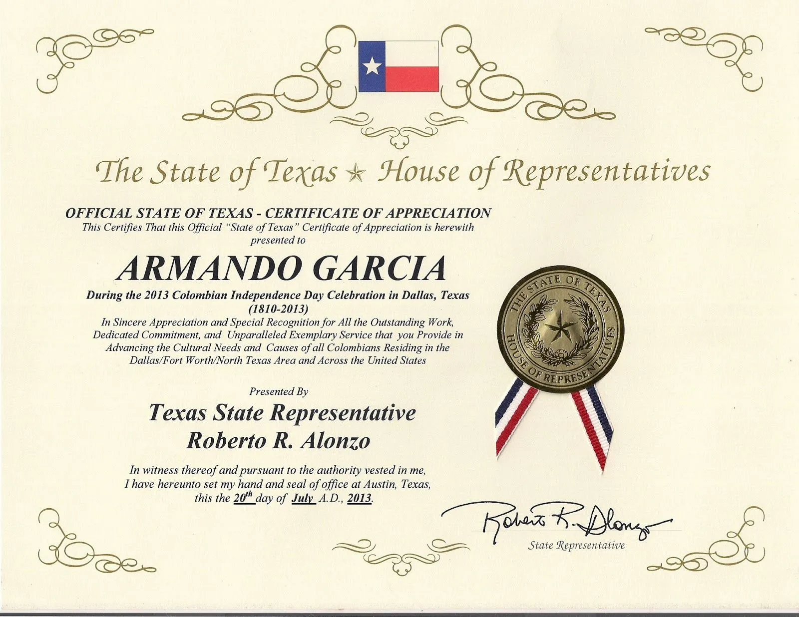 Galería García: CERTIFICADOS DE APRECIACIÓN DEL ESTADO DE TEXAS Y ...