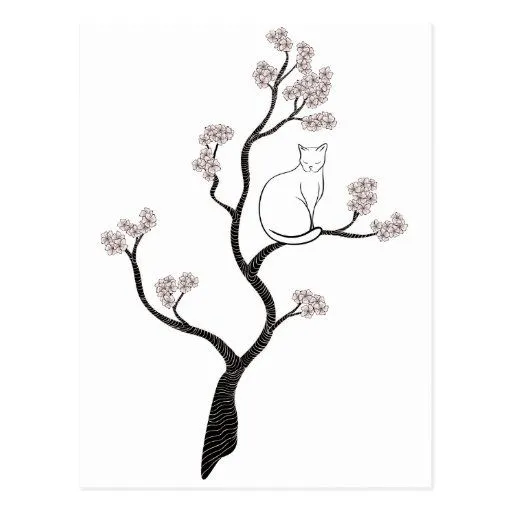 Gato en árbol de la flor de cerezo tarjetas postales de Zazzle.