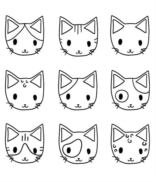 Gatos lindos caras para colorear página conjunto colección vector plano  dibujos animados kawaii carácter ilustración icono diseño | Vector Premium