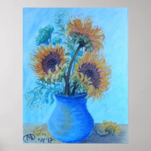 Girasoles en un florero azul impresiones | Zazzle