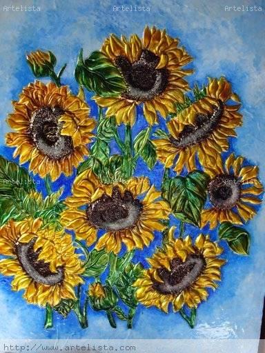 Girasoles fondo Azul y blanco MariaEugenia Calderon- Artelista.