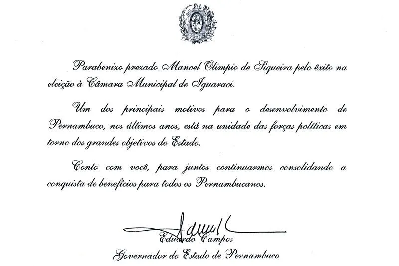 GOVERNADOR DE PERNAMBUCO ENVIA CARTA A VEREADOR IGUARACIENSE ...