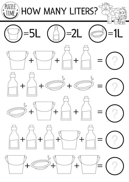 Granja cuántos litros juego en blanco y negro con leche de vaca divertida  lechera en la línea de la granja actividad de suma matemática o página para  colorear hoja de trabajo de