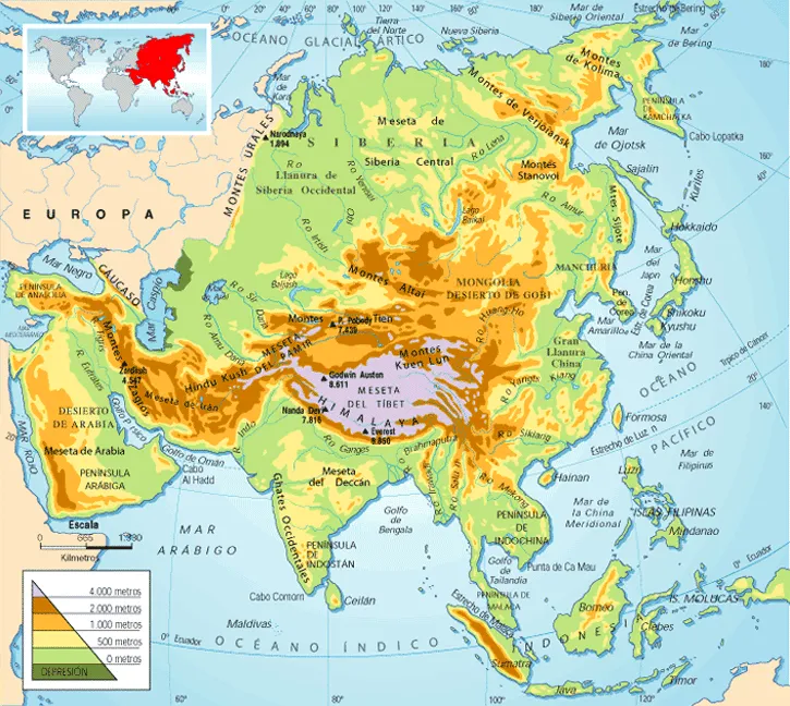 Me gustan las Sociales: Asia y Oceanía.Mapa físico.