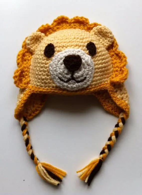 Hand Crochet Baby Lion Hat with ear flap 3 month old by scotako