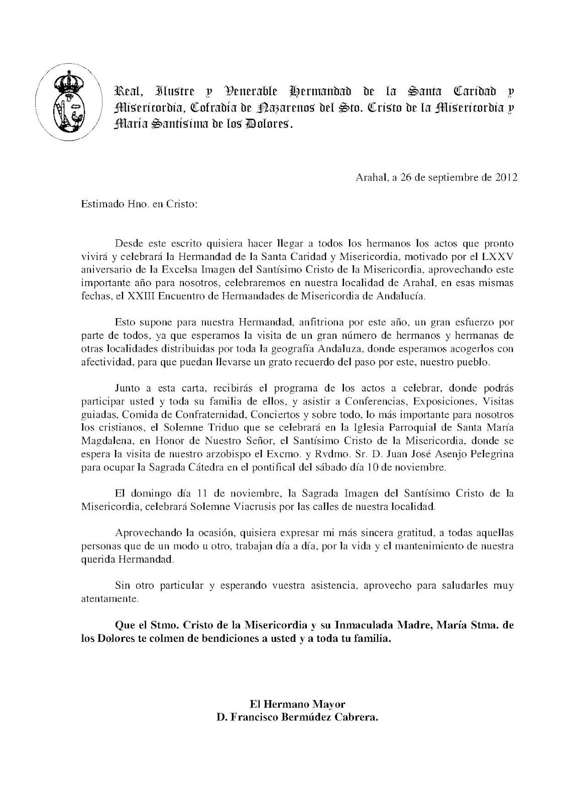 Hermandad de la Misericordia de Arahal: CARTA A LOS HERMANOS PARA ...