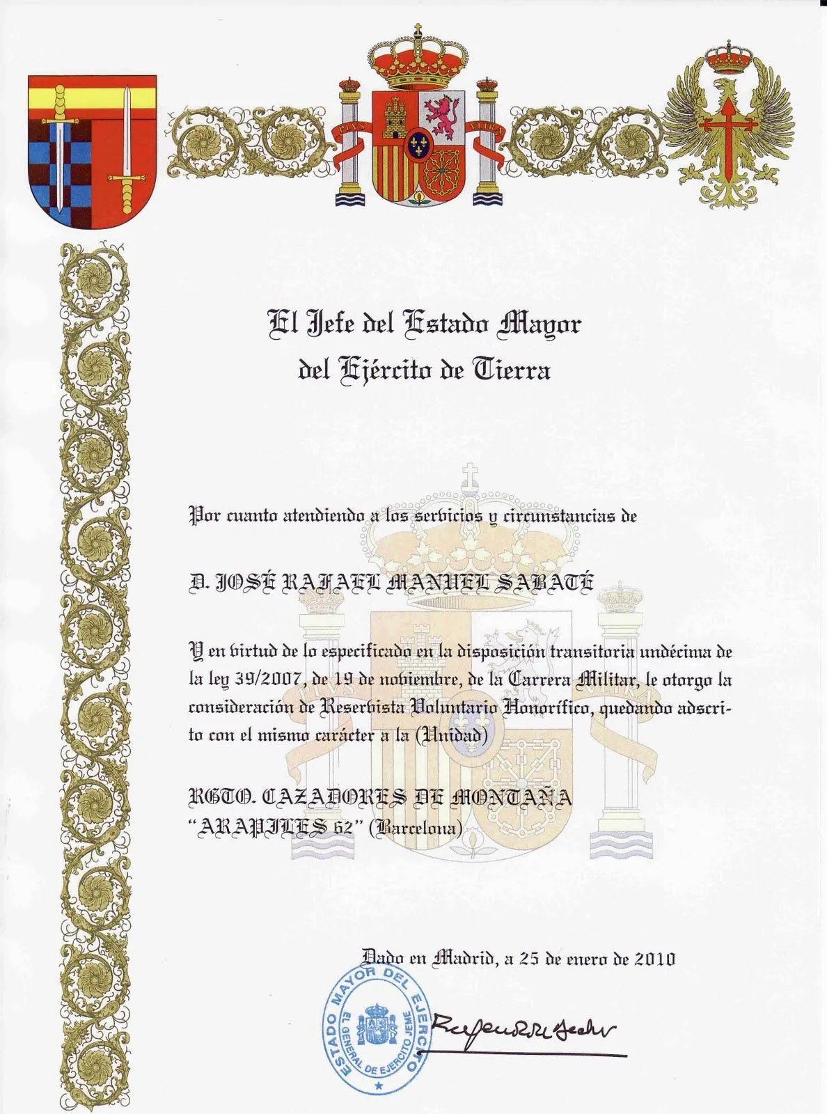 Historias de El Pardo: DIPLOMA DE RESERVISTA VOLUNTARIO HONORÍFICO