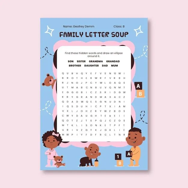 Hoja de trabajo familiar de sopa de letras infantil dibujada a mano |  Vector Gratis