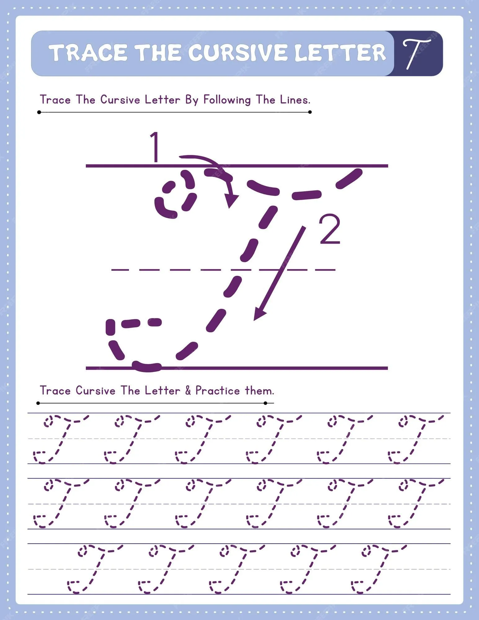 Hoja de trabajo de práctica de seguimiento del alfabeto de letras mayúsculas  de escritura cursiva con dirección de flecha t | Vector Premium