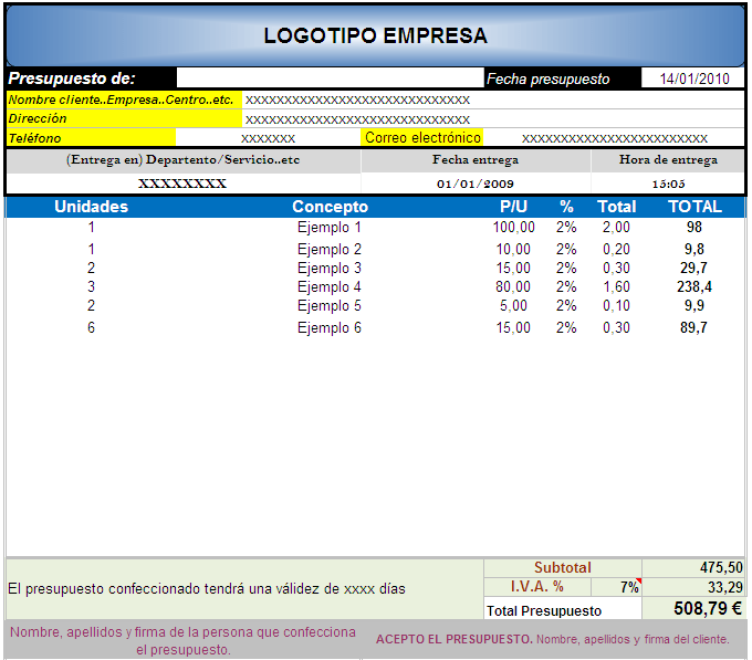 Hoja de presupuesto en excel