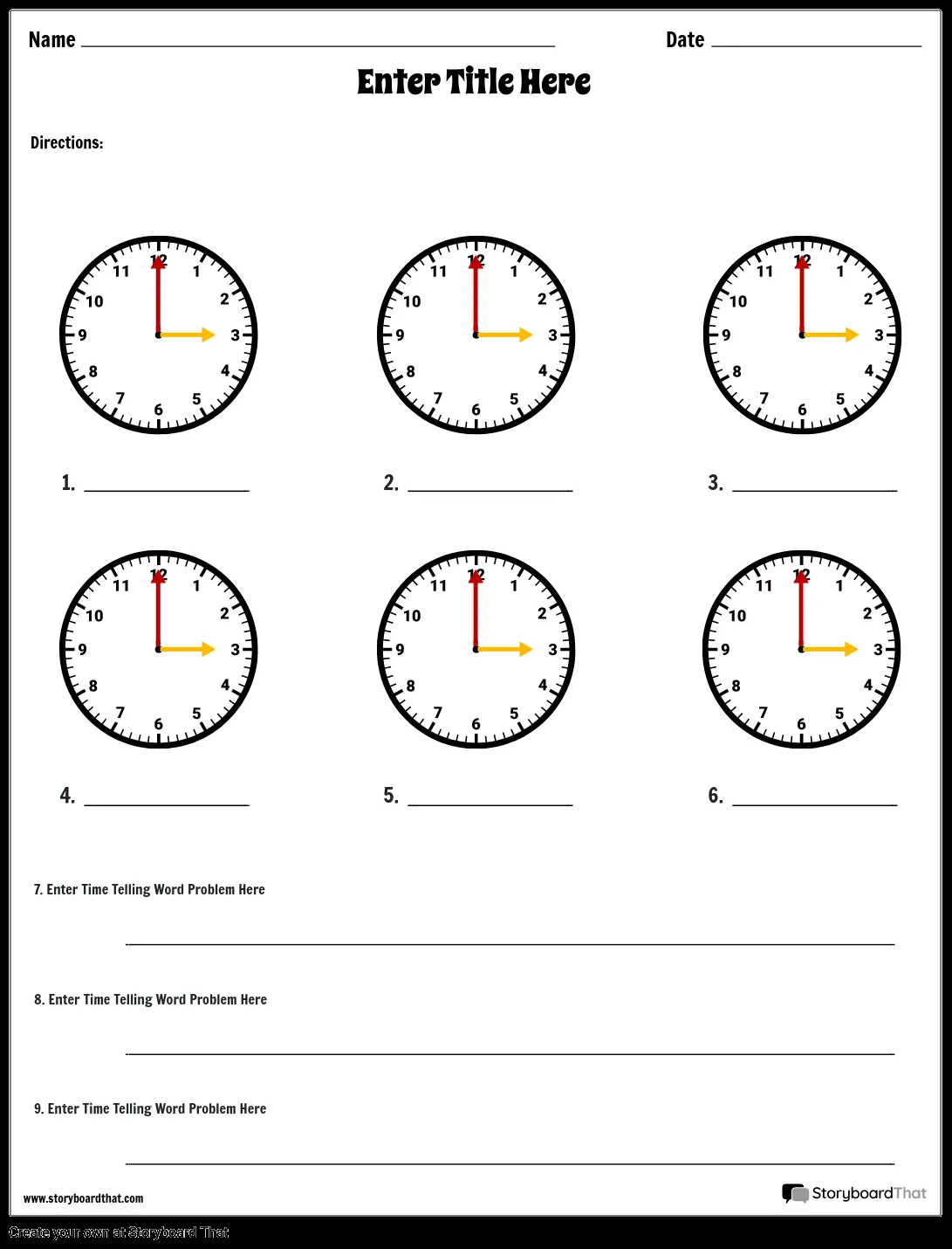 Hojas de Trabajo Para Decir la Hora — Hojas de Trabajo de Reloj |  StoryboardThat