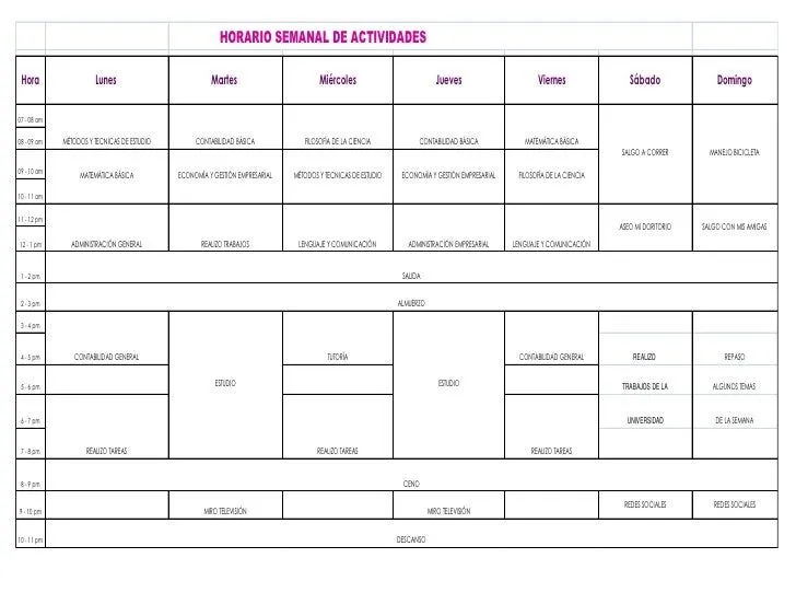 Horario semanal de actividades